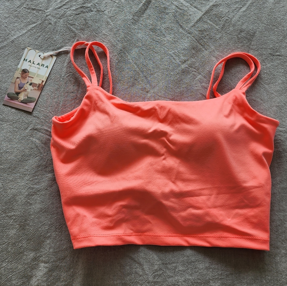 NWT HALARA In My Feels Double Strap Twisted Back Crop Top Sports Bra - Coral